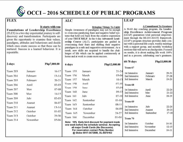 2016 schedules for FLEX, ALC and LEAP.